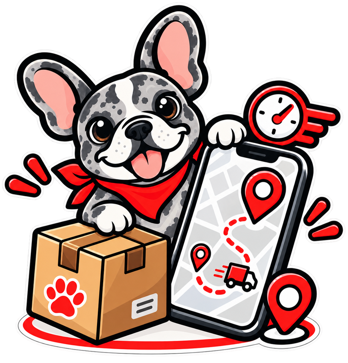 London the French Bulldog with order tracking graphic